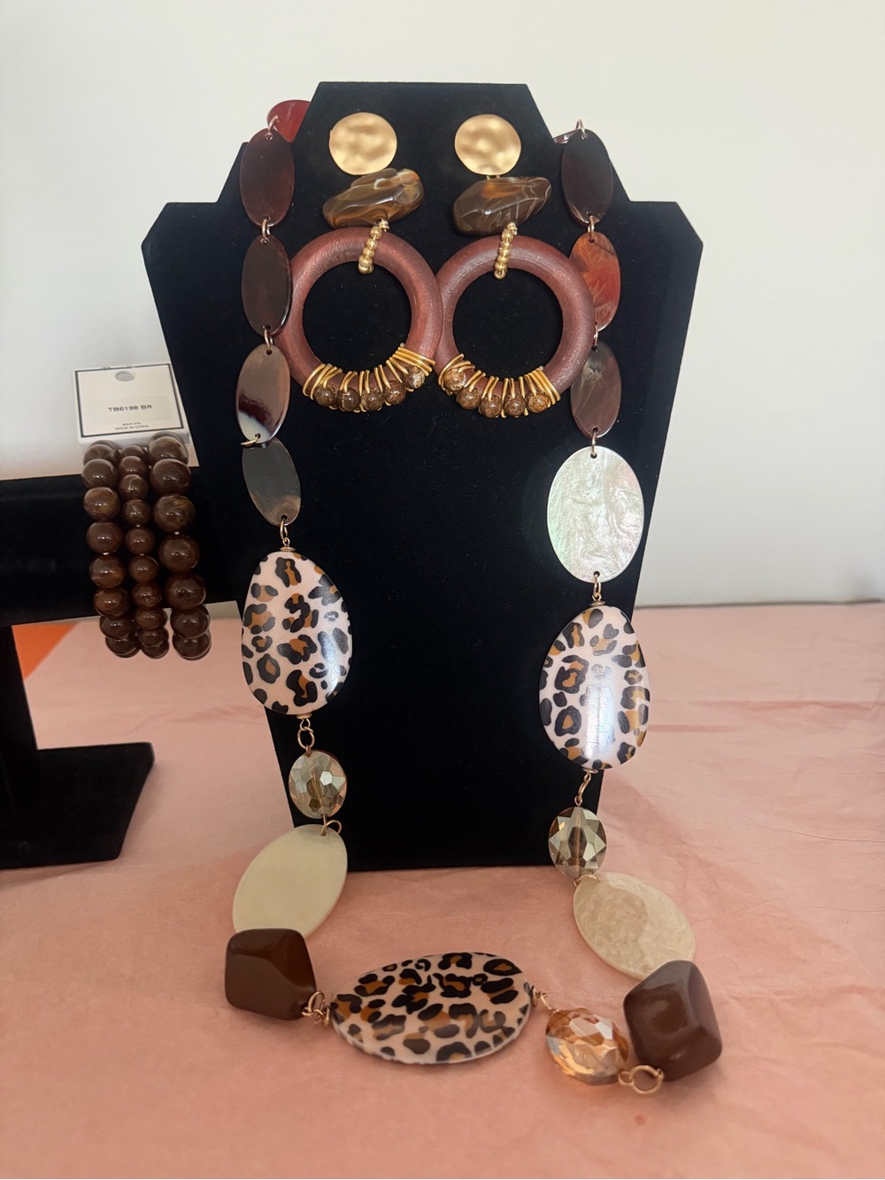 Beaded Leopard Oval Statement Necklace, Bracelet Hoop Earrings Set - Brown